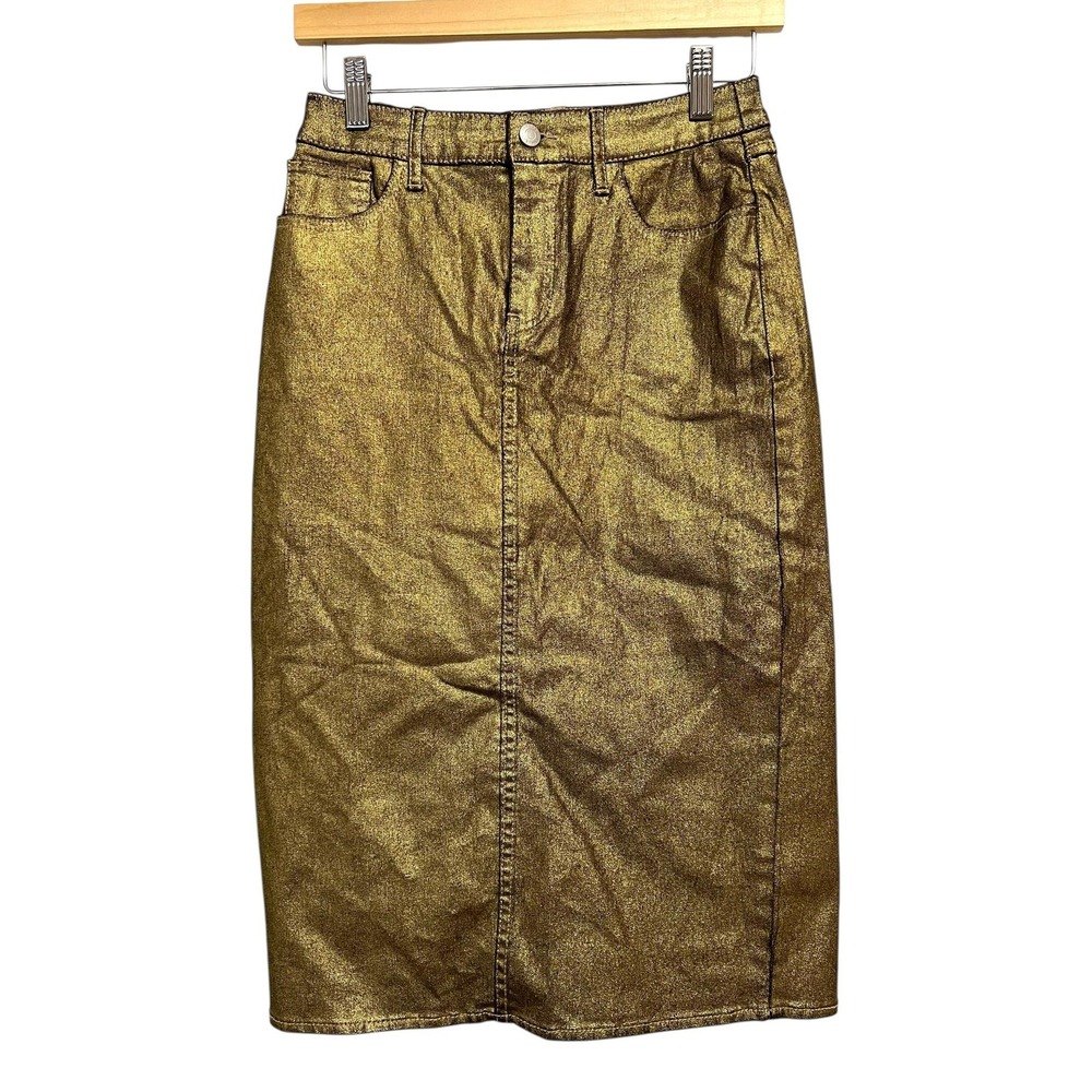 Marc New York Skirt Womens 2 Gold‎ Metallic Denim Midi Pencil Stretch Party